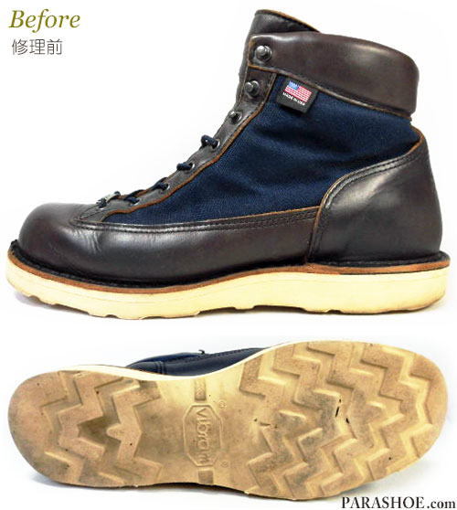 ダナー （Danner）×ソフネット（SOPHNET／SOPH.）コラボブーツ オールソール交換修理（靴底張替えリペア）／ビブラム（Vibram） ソール148（ダナー エクスプローラー風へカスタム）修理前と修理後