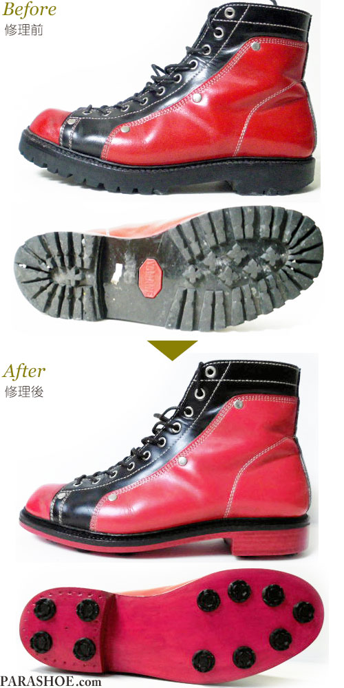 エヴィス（EVISU・山根靴店）赤黒モンキーブーツをゴルフシューズへオールソール交換修理（靴底張替え修繕リペア）／レザーソール（赤塗り仕上げ）＋ソフトスパイク鋲（ミリサイズ）修理前と修理後
