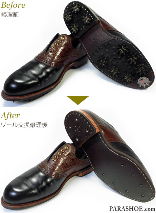 フットジョイ（FootJoy）クラシックスドライ（Classics Dry） サドル ゴルフシューズ オールソール交換修理（靴底張替え修繕リペア）／ラバーソール＋革積み上げヒール＋ソフトスパイク鋲（ミリサイズ）修理前と修理後