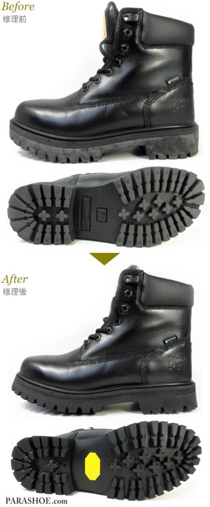 ティンバーランド プロ（Timberland PRO）ブーツのオールソール交換修理（靴底張替え修繕リペア）／ビブラム（vibram）100（黒）修理前と修理後