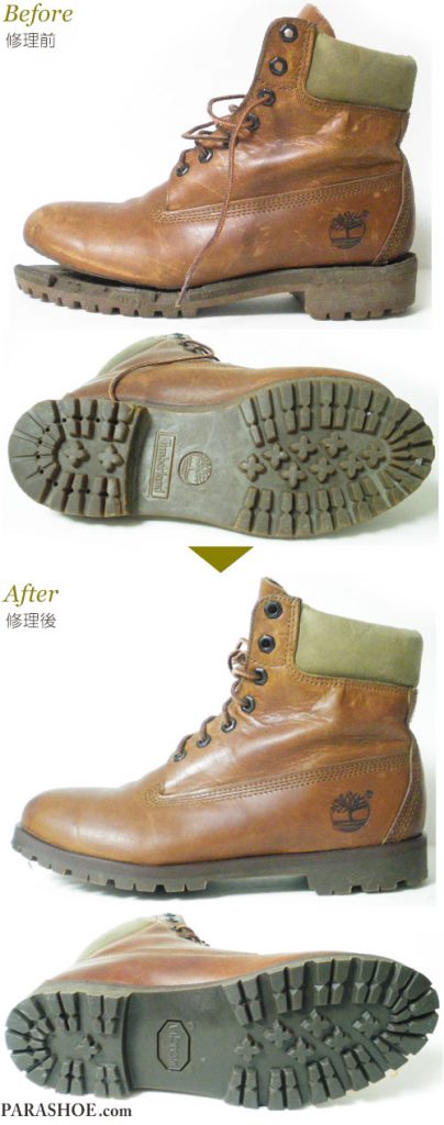 ティンバーランド（Timberland）ブーツのオールソール交換修理（靴底張替え修繕リペア）／ビブラム（Vibram）1136（ダークブラウン）＋ウェルト交換＋ミッドソール交換　修理前と修理後