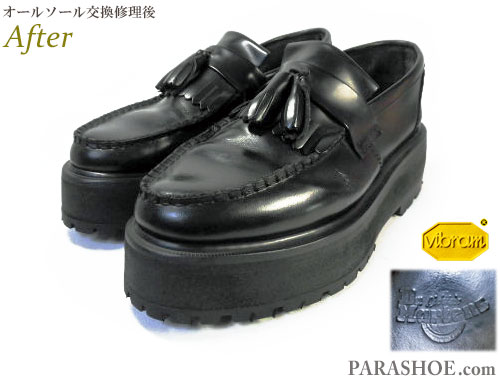 ドクターマーチン（Dr.Martens）タッセルローファー（レディースシューズ）のオールソール交換修理（靴底貼り替え修繕リペア）／ビブラム（Vibram）1136（黒）厚底（上げ底）仕様－マッケイ製法　修理後