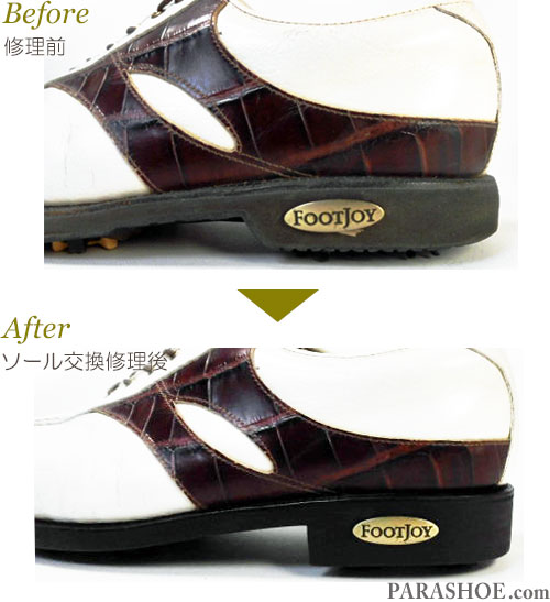 フットジョイ（FootJoy）クラシックスツアー（Classics Tour）ゴルフシューズ オールソール交換修理（靴底貼り替え修繕リペア）／ラバーソール（黒）＋ソフトスパイク鋲（ミリサイズ）－グッドイヤーウェルト製法　修理後のヒール