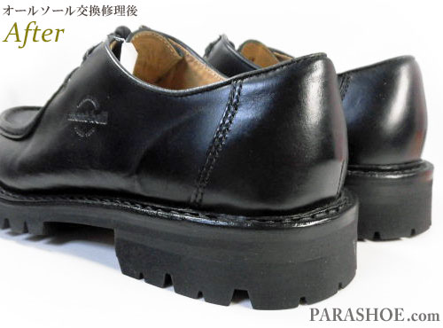 モンベル（mont-bell）チロリアンシューズ（革靴・紳士靴）のオールソール交換修理（靴底貼り替え修繕リペア）／ビブラム（Vibram）100（黒）－ステッチダウン製法　修理後のヒール（かかと）部分