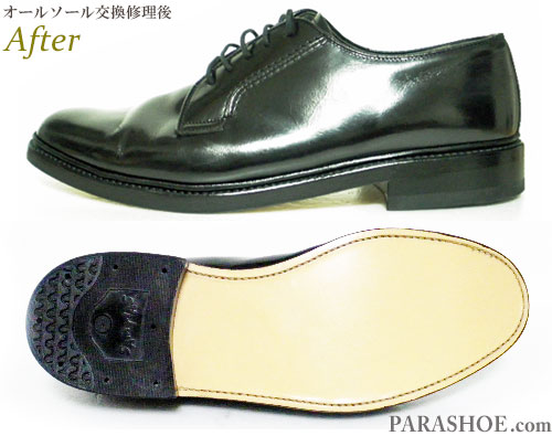 タフ・ブリティッシュクラシック（TUFF British Classic）日本製 プレーントゥ ドレスシューズ（メンズ 革靴・ビジネスシューズ・紳士靴）のオールソール交換修理（靴底張替え修繕リペア）／レザーソール（革底）＋ゴムヒール－グッドイヤーウェルト製法 修理後