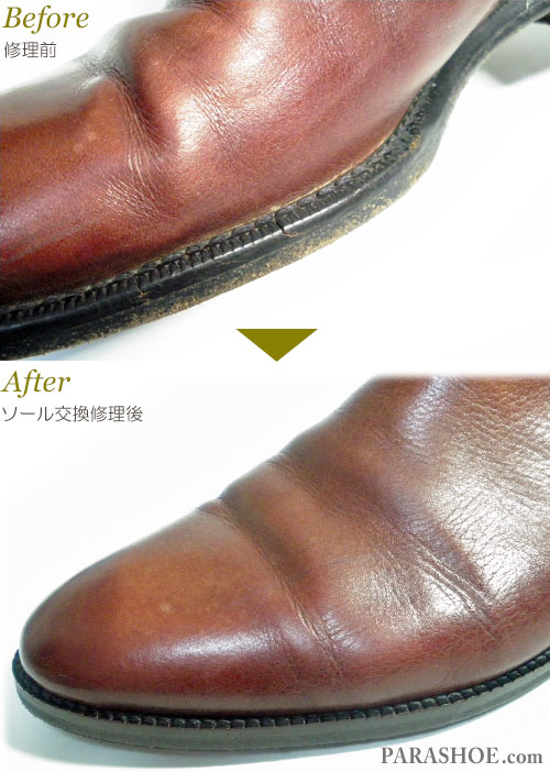 バーバリー（BURBERRY）ストラップブーツ ドレスシューズ（メンズ 革靴・ビジネスシューズ・紳士靴）のオールソール交換修理（靴底張替え修繕リペア）／ダイナイトソール（Dainite Sole）－マッケイ製法　修理後のウェルト交換部分