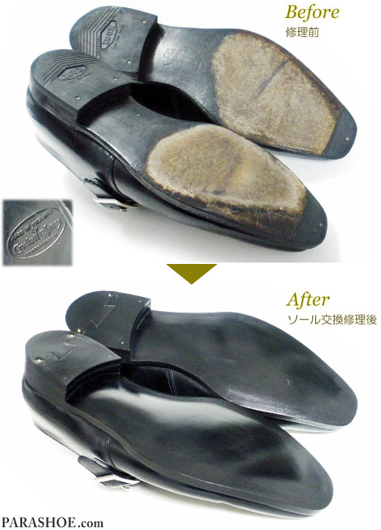 クロケットアンドジョーンズ（Crockett＆Jones）英国製 モンクストラップ ドレスシューズ（革靴・ビジネスシューズ・紳士靴）のオールソール交換修理（靴底張替え修繕リペア）／レザーソール（革底）＋伏せ縫い（チャネル仕上げ）＋黒カラス仕上げ－グッドイヤーウェルト製法　修理前と修理後