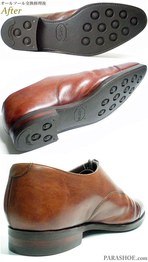 クロケットアンドジョーンズ（Crockett＆Jones）英国製 ストレートチップ ドレスシューズ（革靴・ビジネスシューズ・紳士靴）のオールソール交換修理（靴底張替え修繕リペア）／ビブラム（Vibram）2055イートンソール（茶色）－グッドイヤーウェルト製法　修理後のソール底面とヒール革積み部分