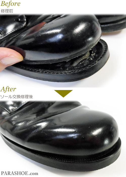 フローシャイム（FLORSHEIM）プレーントゥ ドレスシューズ 黒（メンズ 革靴・ビジネスシューズ・紳士靴）オールソール交換修理（靴底張替え修繕リペア）／レザーソール（革底）からビブラム（vibram）430（黒）へ－マッケイ製法　修理後のウェルト交換部分