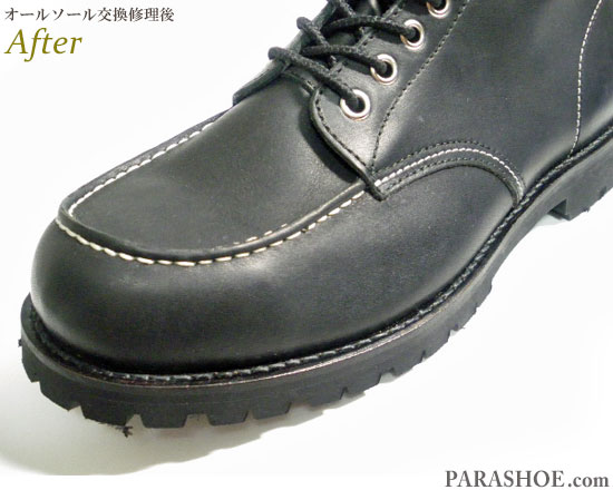 ホーキンス（Hawkins）セッタータイプ ワークブーツ 黒（メンズ 革靴・カジュアルシューズ・紳士靴）オールソール交換修理（靴底張替え修繕リペア）／ビブラム（vibram）1136（黒）－グッドイヤーウェルト製法 修理後のウェルトステッチ部分 