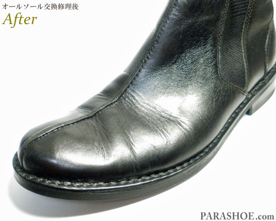 ヒロミチ ナカノ（hiromichi nakano）サイドゴアブーツ 黒（メンズ 革靴・ビジネスシューズ・紳士靴）オールソール交換修理（靴底張替え修繕リペア）／ビブラム（vibram）2055イートンソール（黒）－ステッチダウン製法　修理後のウェルトステッチ部分