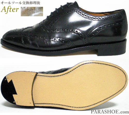 ローク（LOAKE）内羽根ウィングチップ ドレスシューズ 黒（メンズ 革靴・ビジネスシューズ・紳士靴）オールソール交換修理（靴底張替え修繕リペア）／レザーソール（革底）＋革積み上げヒール＋半革リフト－グッドイヤーウェルト製法 修理後のサイドビューとソール底面