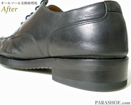 ポロ ラルフローレン（POLO RALPH LAUREN）Uチップ ドレスシューズ 黒（メンズ 革靴・ビジネスシューズ・紳士靴）オールソール交換修理（靴底張替え修繕リペア）／ビブラム（vibram）2055イートンソール（黒）－マッケイ製法 ヒール革積み上げ部分