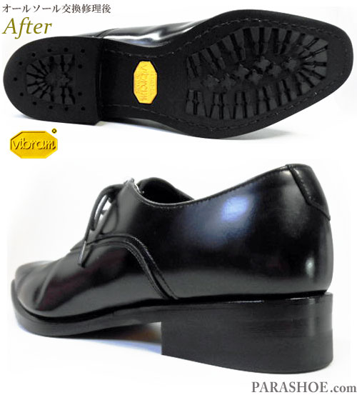 リーガル（REGAL）725R ストレートチップ ドレスシューズ 黒（メンズ 革靴・ビジネスシューズ・紳士靴）オールソール交換修理（靴底張替え修繕リペア）／ビブラム（vibram）430 黒－グッドイヤーウェルト製法 修理後のソール底面とヒール革積み上げ部分