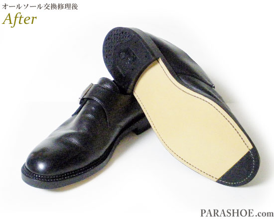 リーガル（REGAL）日本製 モンクストラップ ドレスシューズ（メンズ 革靴・ビジネスシューズ・紳士靴）オールソール交換修理（靴底張替え修繕リペア）／レザーソール（革底）＋ゴムヒール＆つま先ゴム補強－グッドイヤーウェルト製法 修理後
