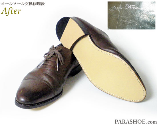 シップス フットウェア（Ships Footwear）ストレートチップ ドレスシューズ 茶色（メンズ 革靴・ビジネスシューズ・紳士靴）オールソール交換修理（靴底張替え修繕リペア）／レザーソール（革底）＋革積み上げヒール＋半革リフト－グッドイヤーウェルト製法 修理後