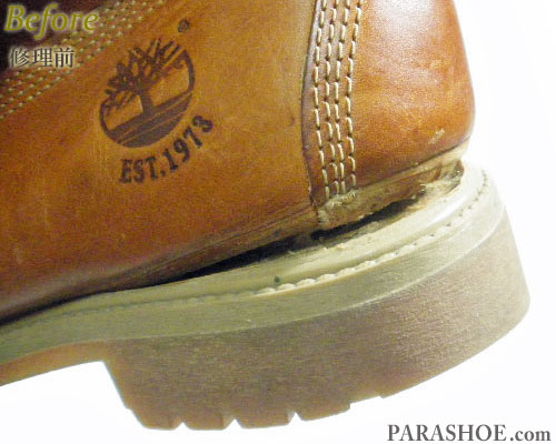 ティンバーランド（Timberland）ワークブーツ キャメル（メンズ 革靴・カジュアルシューズ・紳士靴）オールソール交換修理（靴底張替え修繕リペア）／ビブラム（vibram）1136（アメ）－マッケイ製法 修理前のソール剥がれ部分