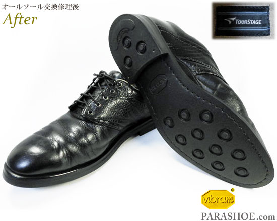 ツアーステージ（TOURSTAGE）サドルシューズ 黒（メンズ 革靴・ビジネスシューズ・紳士靴）オールソール交換修理（靴底張替え修繕リペア）／ビブラム（Vibram）2055 黒－マッケイ製法 修理後