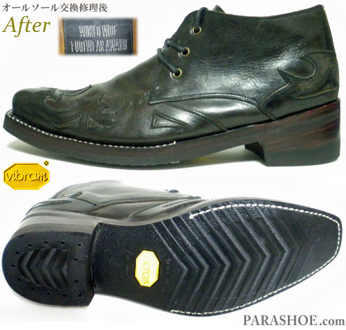 ワールドワイド フットウェア アワード（WORLDWIDE FOOTWEAR AWARD）ウェスタン風レースアップブーツ 黒（メンズ 革靴・カジュアルシューズ・紳士靴）のオールソール交換修理（靴底張替え修繕リペア）／ビブラム（vibram）700（黒）レザーミッドソール＋革積み上げヒール－グッドイヤーウェルト製法　修理後