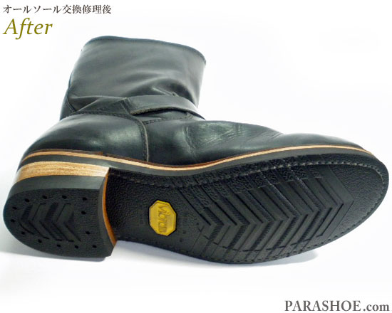 セダークレスト（CEDAR CREST）エンジニアブーツ 黒（メンズ 革靴・カジュアルシューズ・紳士靴）オールソール交換修理（靴底張替え修繕リペア）／ビブラム（vibram）700（黒）＋レザーミッドソール＋革積み上げヒール－グッドイヤーウェルト製法 修理後のソール底面