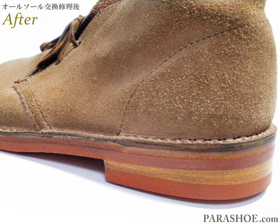 クラークス（CLARKS）デザートブーツ ベージュスエード（メンズ 革靴・カジュアルシューズ・紳士靴）オールソール交換修理（靴底張替え修繕リペア）／ビブラム（vibram）2055レンガ＋レザーミッドソール＋革積み上げヒール－ステッチダウン製法 修理後のヒール部分