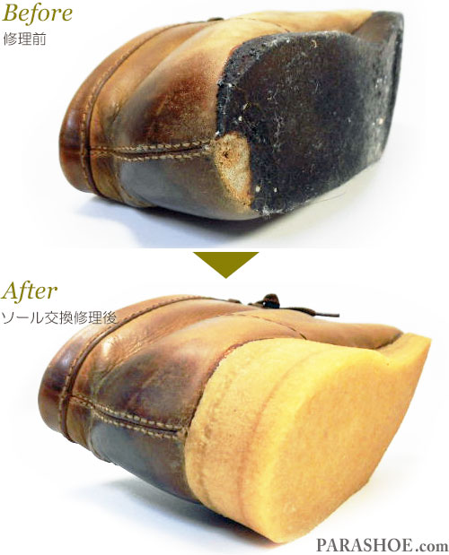 クラークス（CLARKS）ワラビーブーツ（メンズ 革靴・カジュアル紳士靴）ブラウンスムースレザーのオールソール交換修理（靴底張替え修繕リペア）／天然クレープソール（生ゴム）－マッケイ製法　修理前と修理後のかかと部分