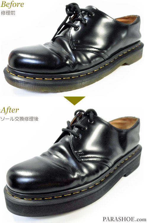 ドクターマーチン（Dr.Martens）プレーントゥ ポストマンシューズ 黒（メンズ 革靴・カジュアルシューズ・紳士靴）のオールソール交換修理（靴底貼り替え修繕リペア）／英国ダイナイトソール＆厚底（上げ底）仕様－マッケイ製法　修理前と修理後のウェルト部分