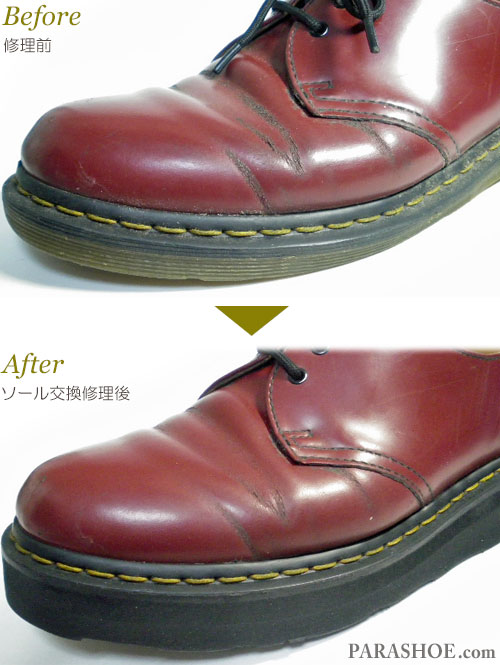 ドクターマーチン（Dr.Martens）プレーントゥ ポストマンシューズ ワイン（メンズ 革靴・カジュアルシューズ・紳士靴）のオールソール交換修理（靴底貼り替え修繕リペア）／ビブラム（vibram）4014 黒＋厚底（上げ底）仕様－マッケイ製法 修理前と修理後のウェルト部分