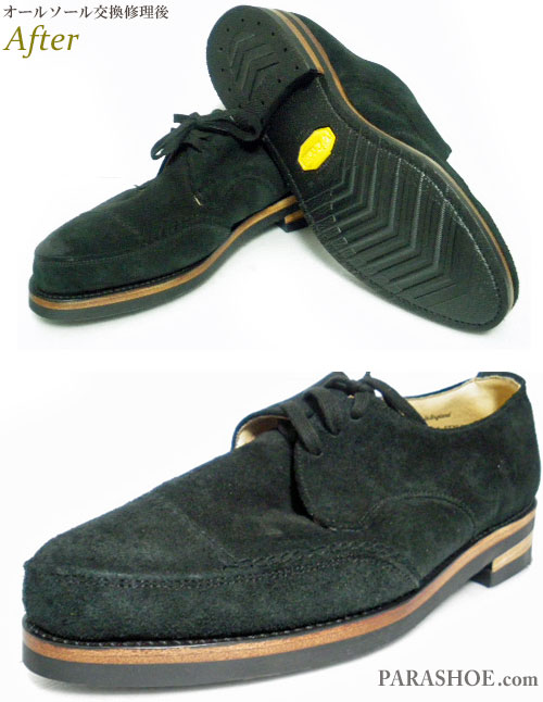ドクターマーチン（Dr.Martens）Uチップ カジュアルドレスシューズ 黒スエード（メンズ 革靴・ビジネスシューズ・カジュアル紳士靴）オールソール交換修理（靴底張替え修繕リペア）／ビブラム（vibram）700（黒）＋レザーミッドソール＋革積み上げヒール－マッケイ製法 修理後