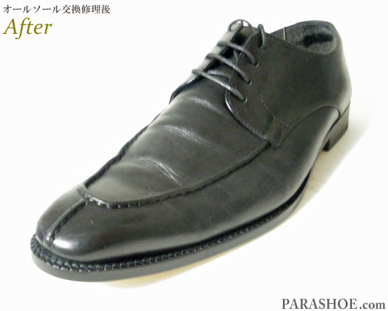 エコー（ecco）Uチップ ドレスシューズ 黒（メンズ 革靴・ビジネスシューズ・紳士靴）オールソール交換修理（靴底張替え修繕リペア）／レザーソール（革底）＋革積み上げヒール＋半革リフト－マッケイ製法　修理後のウェルト交換部分