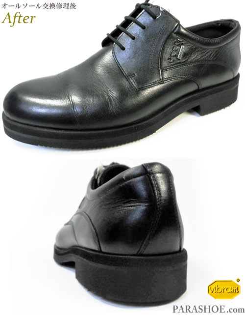 エコー（ecco）プレーントゥ ドレスシューズ 黒（メンズ 革靴・ビジネスシューズ・紳士靴）のオールソール交換修理（靴底張替え修繕リペア）／ビブラム（vibram）2810ガムライト（黒）－マッケイ製法　修理後