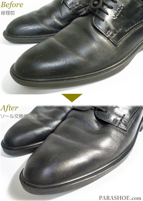 エコー（ecco）プレーントゥ ドレスシューズ 黒（メンズ 革靴・ビジネスシューズ・紳士靴）のオールソール交換修理（靴底張替え修繕リペア）／合成ゴムソール＋ゴムヒール－マッケイ製法 修理前と修理後のウェルト部分