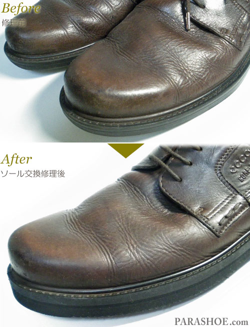 エコー（ecco）プレーントゥ ドレスシューズ ダークブラウン（メンズ 革靴・ビジネスシューズ・紳士靴）のオールソール交換修理（靴底張替え修繕リペア）／ビブラム（vibram）2810ガムライト（黒）－マッケイ製法 修理前と修理後のウェルト部分