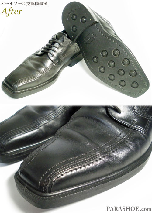 エコー（ecco）スワールモカ ドレスシューズ 黒（メンズ 革靴・ビジネスシューズ・紳士靴）のオールソール交換修理（靴底張替え修繕リペア）／ビブラム2055（黒）－マッケイ製法 修理後