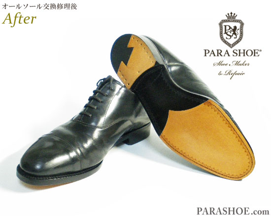 パラシュー（PARASHOE）日本製 内羽根ストレートチップ ドレスシューズ 黒（メンズ 革靴・ビジネスシューズ・紳士靴）のオールソール交換修理（靴底張替え修繕リペア）／レザーソール（革底）＋革積み上げヒール＋半革リフト＆半カラス仕上げ－グッドイヤーウエルト製法 修理前と修理後