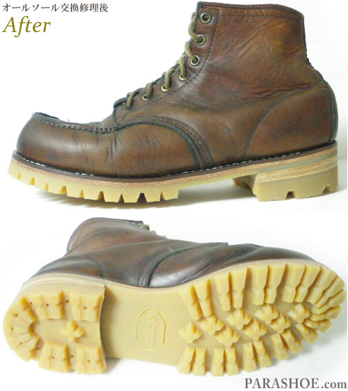 レッドウィング（RED WING）アイリッシュセッター ワークブーツ キャメル（メンズ 革靴・カジュアルシューズ・紳士靴）オールソール交換修理（靴底張替え修繕リペア）／ビブラム（vibram）100ハニー（アメ）＋レザーミッドソール＋革積み上げヒール－グッドイヤーウェルト製法 修理後のサイドビューとソール底面