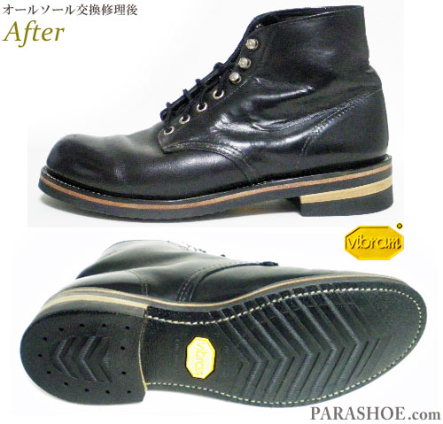 レッドウィング（RED WING）プレーントゥ ワークブーツ 黒（メンズ 革靴・カジュアルシューズ・紳士靴）オールソール交換修理（靴底張替え修繕リペア）／ビブラム（vibram）700（黒）＋レザーミッドソール＋革積み上げヒール－グッドイヤーウェルト製法 修理後のサイドビューとソール底面