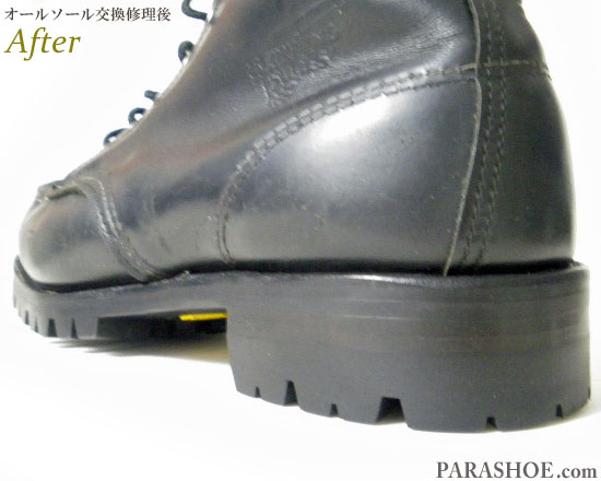 レッドウィング（RED WING）アイリッシュセッター ワークブーツ 黒（メンズ 革靴・カジュアルシューズ・紳士靴）オールソール交換修理（靴底張替え修繕リペア）／ビブラム（vibram）1100（黒）＋レザーミッドソール＋革積み上げヒール－グッドイヤーウェルト製法 修理後のヒール革積み上げ部分