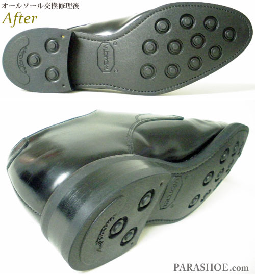 リーガル（REGAL）プレーントゥ ドレスシューズ 黒（メンズ 革靴・ビジネスシューズ・紳士靴）のオールソール交換修理（靴底張替え修繕リペア）／ビブラム（Vibram）2055イートンソール 黒－グッドイヤーウェルト製法 修理後のソール底面とヒール積み上げ部分