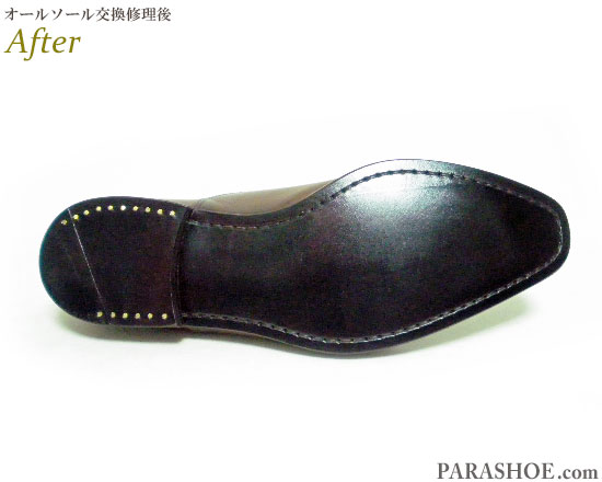 サントーニ（Santoni）ストレートチップ ドレスシューズ 茶色（メンズ 革靴・ビジネスシューズ・紳士靴）オールソール交換修理（靴底張替え修繕リペア）／レザーソール（革底）＋革積み上げヒール＋半革リフト＆ダークブラウン仕上げ－マッケイ製法 修理後のソール底面