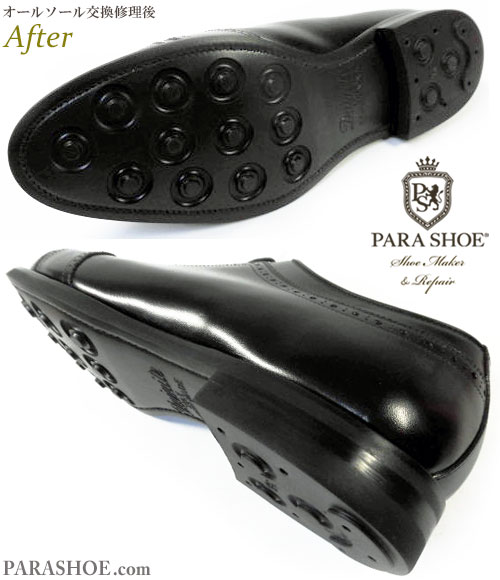 スコッチグレイン（SCOTCH GRAIN）日本製 セミブローグ ストレートチップ ドレスシューズ 黒（メンズ 革靴・ビジネスシューズ・紳士靴）オールソール交換修理（靴底張替え修繕リペア）／英国ダイナイトソール（Dainite sole）黒－グッドイヤーウェルト製法 修理後のソール底面と、ヒール革積み上げ部分