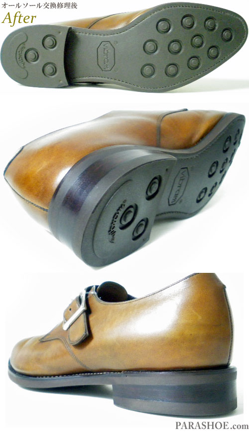 シェトランドフォックス（SHETLANDFOX）モンクストラップ ドレスシューズ キャメル（メンズ 革靴・ビジネスシューズ・紳士靴）オールソール交換修理（靴底張替え修繕リペア）／ビブラム（vibram）2055 ダークブラウン－グッドイヤーウェルト製法　修理後のソール底面とヒール革積み上げ部分