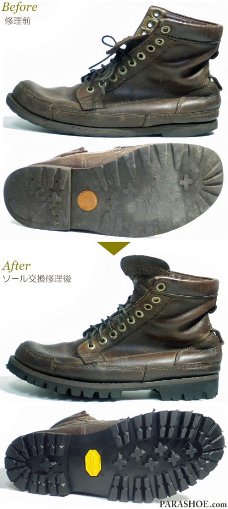 ティンバーランド（Timberland）15550 アースキーパーズ（earthkeepers）6インチブーツ 茶色（メンズ 革靴・カジュアルシューズ・紳士靴）オールソール交換修理（靴底張替え修繕リペア）／ビブラム（vibram）1100 黒－マッケイ製法 修理前と修理後