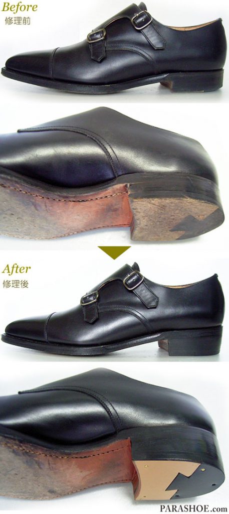 ダブルモンクストラップ ドレスシューズ 黒（メンズ 革靴・ビジネスシューズ・紳士靴）ヒールを高くする修理－革積み上げ＋トップリフト（化粧）交換修理前と修理後