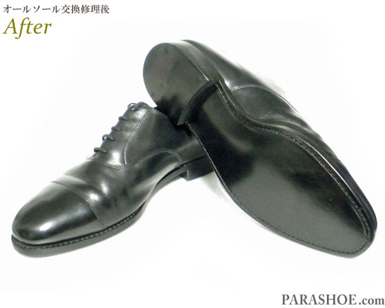 パラシュー（PARASHOE）日本製 内羽根ストレートチップ ドレスシューズ 黒（メンズ 革靴・ビジネスシューズ・紳士靴）のオールソール交換修理（靴底張替え修繕リペア）／レザーソール（革底）＋革積み上げヒール＋半革リフト＆カラス仕上げ－グッドイヤーウエルト製法 修理前と修理後