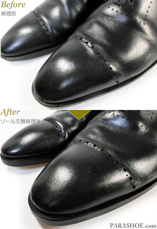 ビサルノ（Visaruno）ストレートチップ ドレスシューズ（メンズ 革靴・ビジネスシューズ・紳士靴）黒（ブラック）オールソール交換修理（靴底張替え修繕リペア）／レザーソール（革底）＋革積み上げヒール＋全ゴムリフト－マッケイ製法 修理後のウェルト交換部分