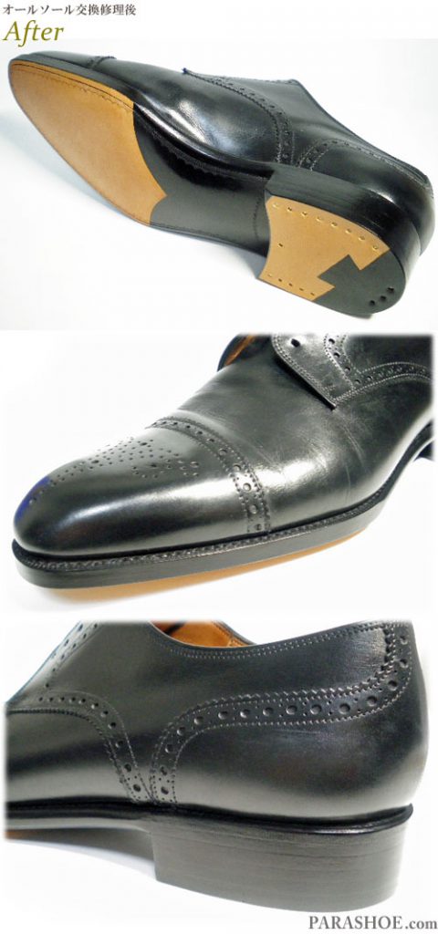 ヤンコ（YANKO）スペイン製 セミブローグ ストレートチップ ドレスシューズ（メンズ 革靴・ビジネスシューズ・紳士靴）のオールソール交換修理（靴底張替え修繕リペア）／レザーソール（革底）革積み上げヒール＋半革リフト＆半カラス仕上げ－グッドイヤーウェルト製法 修理後のソール底面とかかと（ヒール）部分