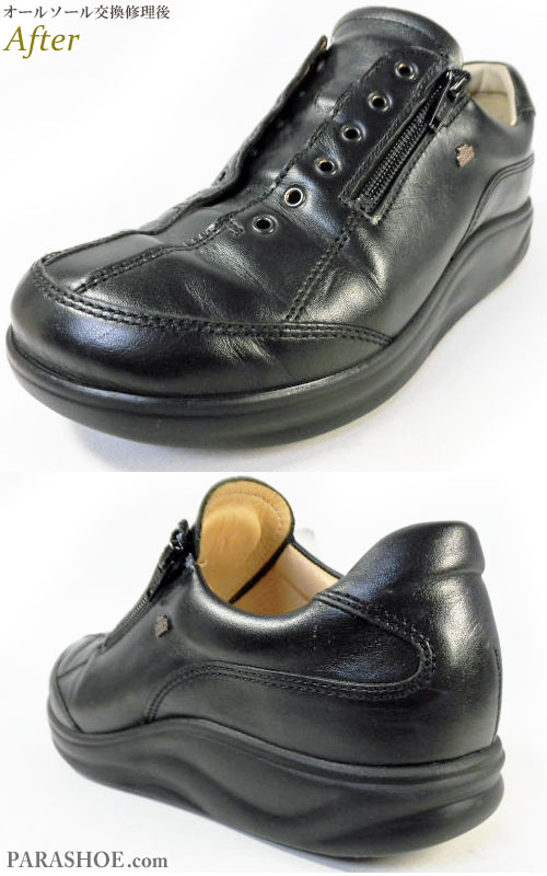フィンコンフォート（Finn Comfort）2913 OTARU（小樽）レディース レザースニーカー 黒（革靴・カジュアルシューズ・婦人靴）オールソール交換修理（靴底張替えリペア）／フィンコンフォート純正ラバーソール－セメント製法 修理後のつま先とかかと部分