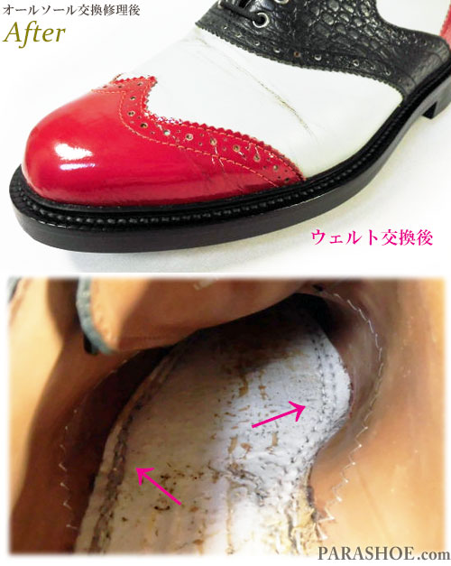 FootJoy（フットジョイ）ICON（アイコン）ゴルフシューズ オールソール交換修理（靴底張替え修繕リペア）／ラバーソール（黒）＋ソフトスパイク鋲（ミリサイズ）－ブラックラピド製法 修理後のウェルト出し縫い部分と、靴内中底のダブル（二重）マッケイ縫い部分