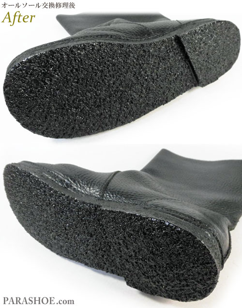 KOOS（コース）レディースブーツ（婦人靴）黒 オールソール交換修理（靴底張替えリペア）／天然クレープソール（生ゴム）＆ブラック仕上げ－マッケイ製法 修理後のソール底面とヒール部分